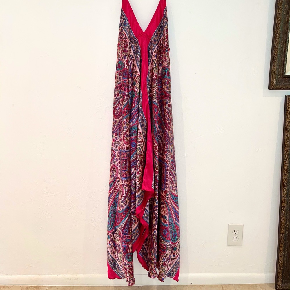 Pink/multicolor satin bohemian dress, cute beachy